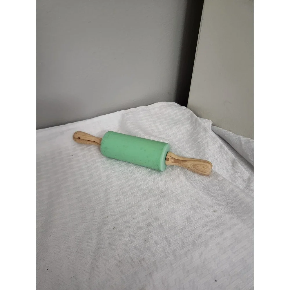 Mini Mint Green Silicone Rolling Pin with Natural Wood Handles Small Baker Tool